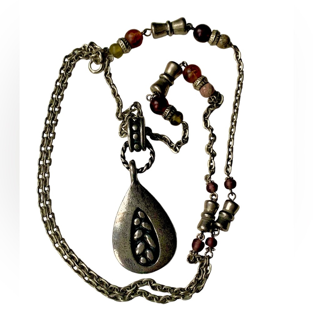 Amber Green Semi Precious Beaded Silver Plated Pendant Necklace Woman’s Jewelry